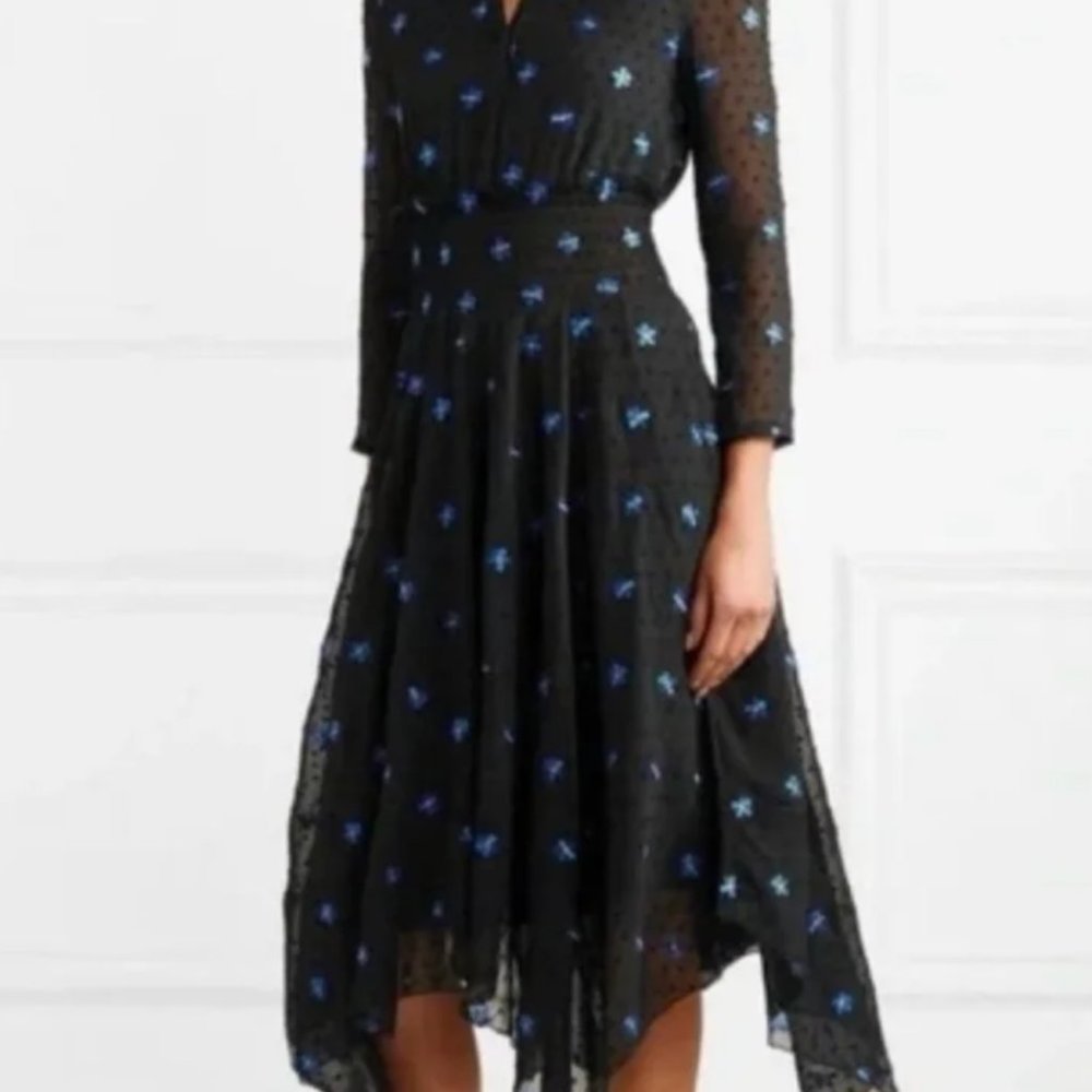 Maje Black Floral Swiss Dot Embroidered Asymmetrical Midi Dress